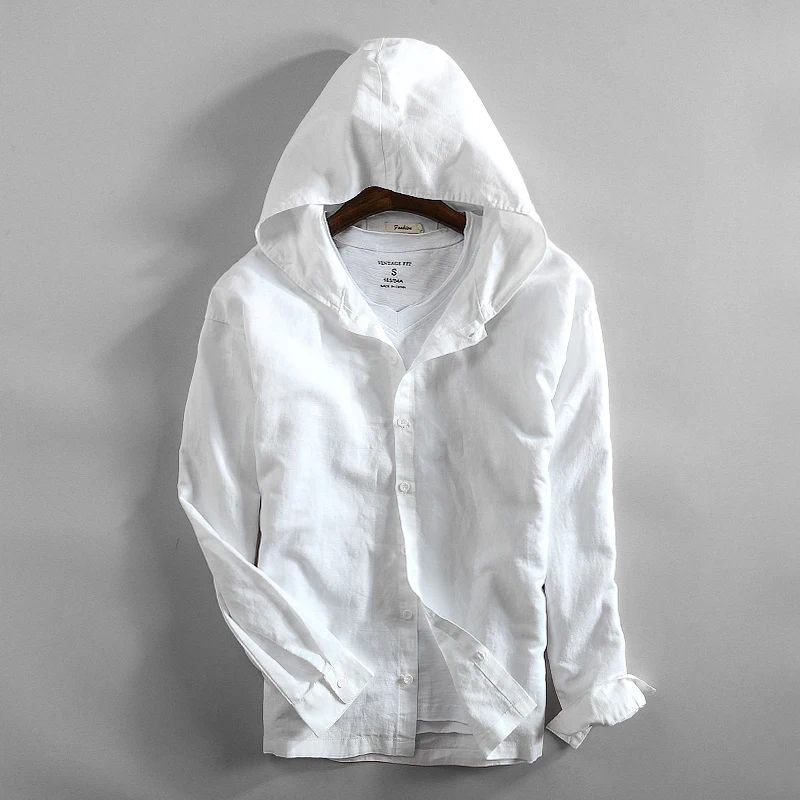 

Men's Spring Hooded Shirt Summer Cotton Linen Shirts Men Vintage Clothes Korean Long Sleeve Camisas Para Hombre 2023 KJ