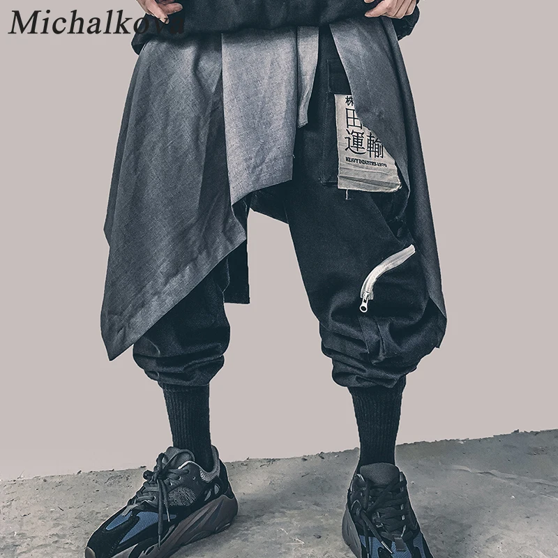 Michalkova Tidak Teratur Hip Hop Pria Ikat Pinggang Rok Harajuku Adjustable Streetwear Hitam Lipit Apron Gothic Jogger Forms