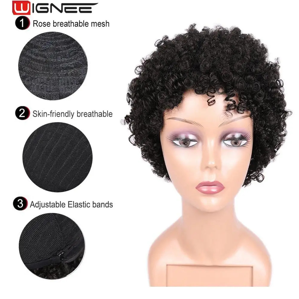 Wignee Short Spiral Curl Human Hair Wigs For Black Women Mixed Brown/2#/99J Remy Brazilian Hair Afro Kinky Curly Natural Wigs