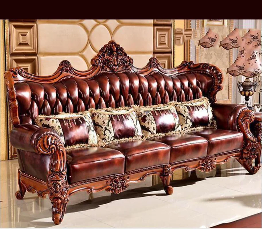 High Quality  European  Antique Living Room Sofa Furniture Genuine Leather Set o1068