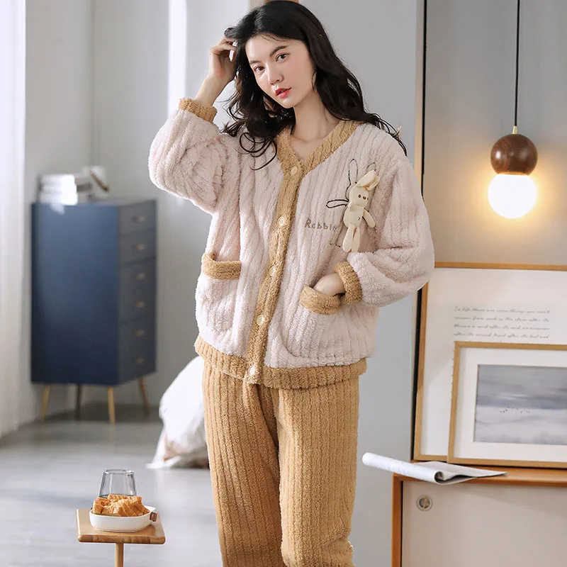 Winter Thick Warm Flannel Women Pajamas Set Cartoon Nighty Long Sleeve Casual Soft  M-XXL Female Coral Cashmere Homewear