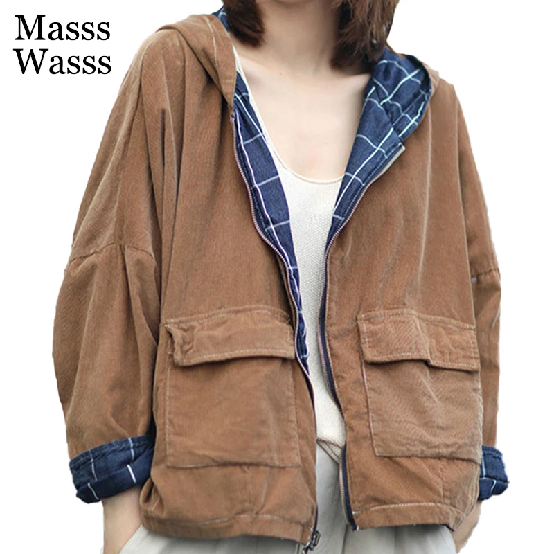 Masss Wasss New British Fashion Designer Womens Casual Denim Plaid Reversible Jackets Ladies Vintage Hooded Coats Punk Clothing