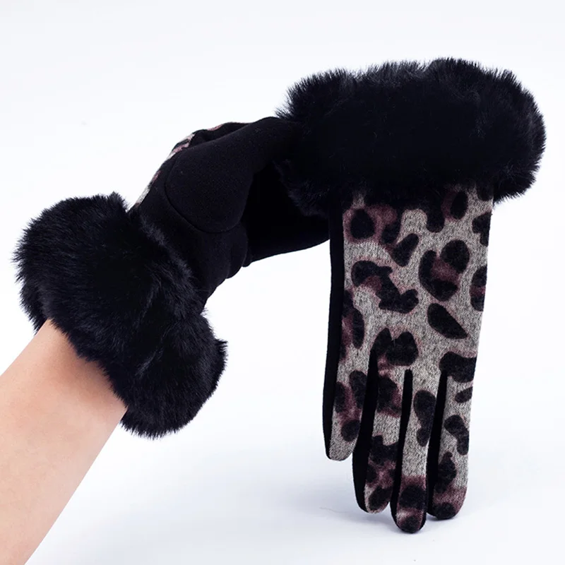 Moda leopardo pitone modello peluche spessa dito pieno Touch Screen guanti da guida inverno donna equitazione all\'aperto guanto caldo D69