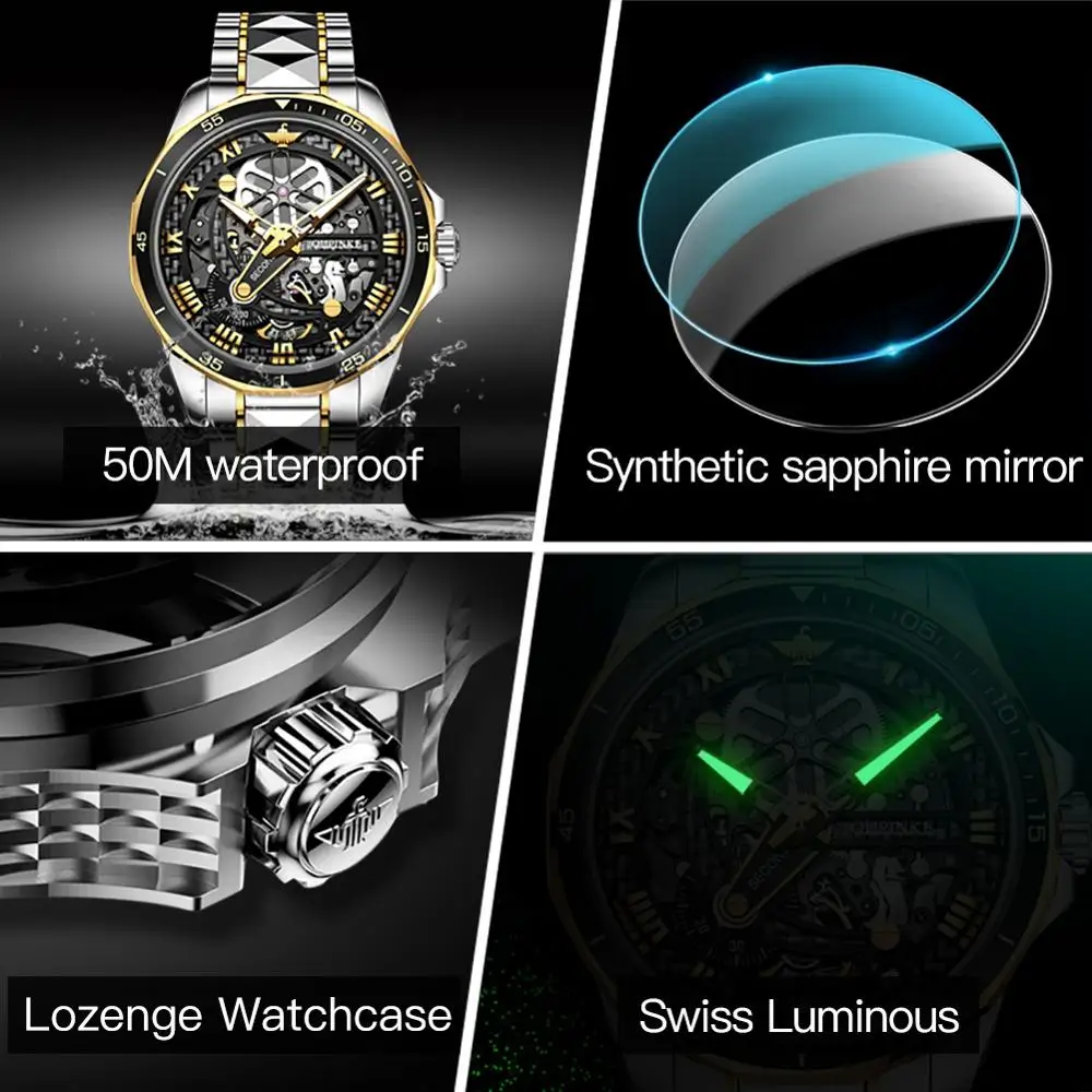 OUPINKE Men Mechanical Watch Sapphire Glass Automatic wristwatch Luxury Tungsten Steel 50m Waterproof Business Sport Men Watches