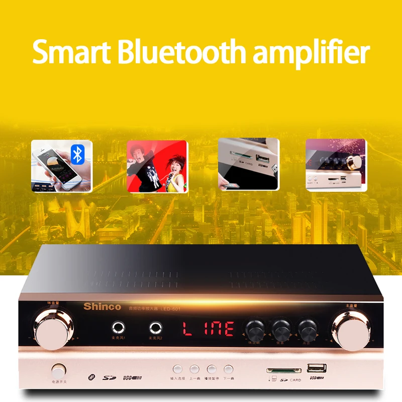 

KYYSLB 100W 4-16Ohm 100V LED-601 Home 5.1 Smart Bluetooth Power Amplifier Home Theater High Power HIFI Amplifier