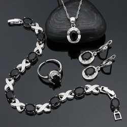 925 Sterling Silver Jewelry Set Black Stone Girl Woman Prom Accessories Earrings Chain Pendant Ring Bracelet Set