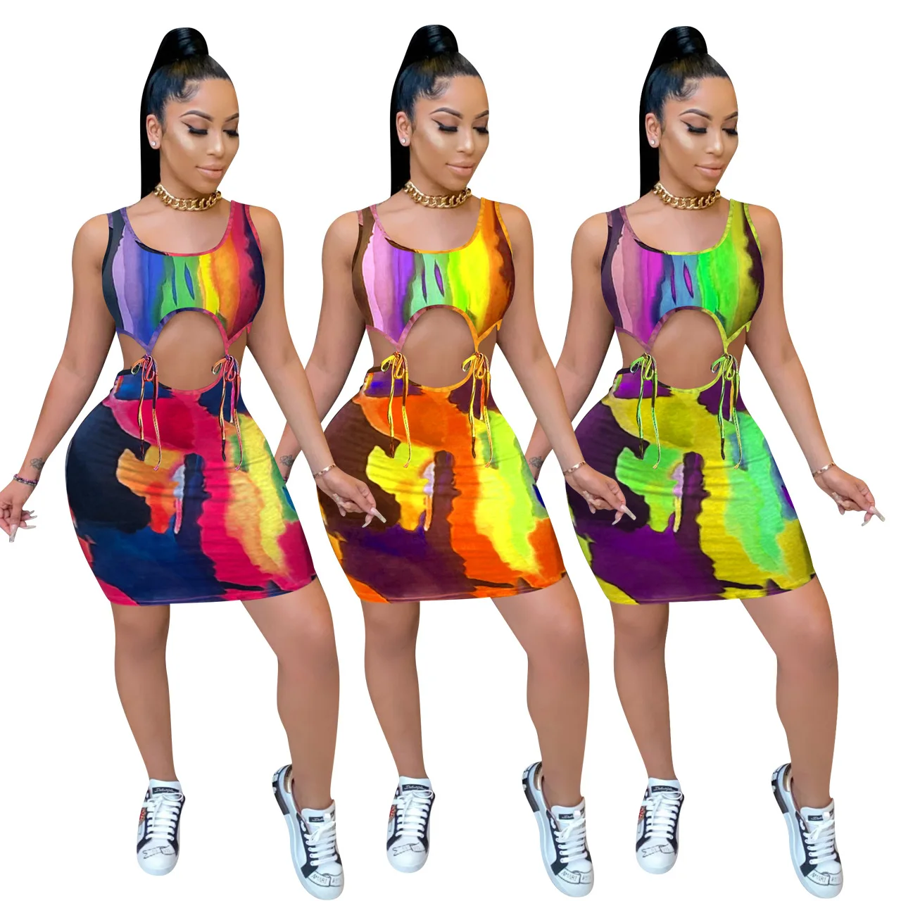 2021 Tie Dye Sexy Mini Dress แขนกุด Cut Out Vestidos Night Club Party ชุด Holiday Beach สวม Bodycon Sundress