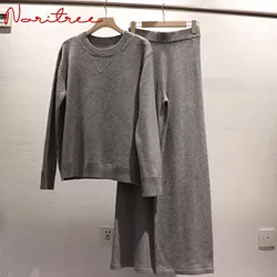 Luxury Two Pieces 45% Cashmere + 30% Wool Suits Female Soft Warm Mink Cashmere Knit Tops +  Wide Leg Wool Pant Sets wy529