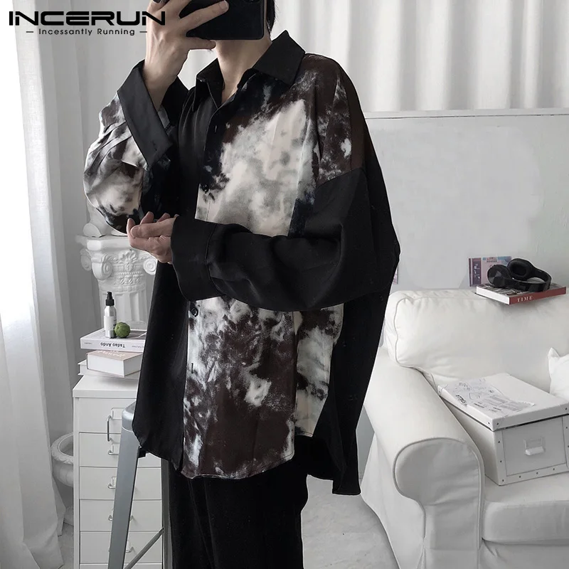 INCERUN-Camisa estampada casual manga comprida masculina, tops de streetwear lapela primavera, moda coreana, camisas soltas, patchwork, 5XL, 2023