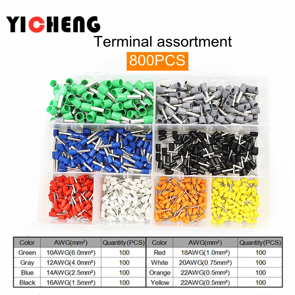 800Pcs-2120pcs Terminal Boxed Kit Used for 0.5-16mm2 AWG22-5 Wire Cable Copper Tub Needlee Type Insulated Cold Pressing Terminal