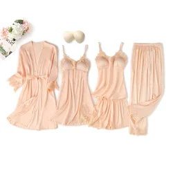 Women Satin Sleepwear 5Pcs Suit Autumn Lace Trim Pajama Pyjama Set Summer New Nightwear Casual Home Wear Lingerie Suit