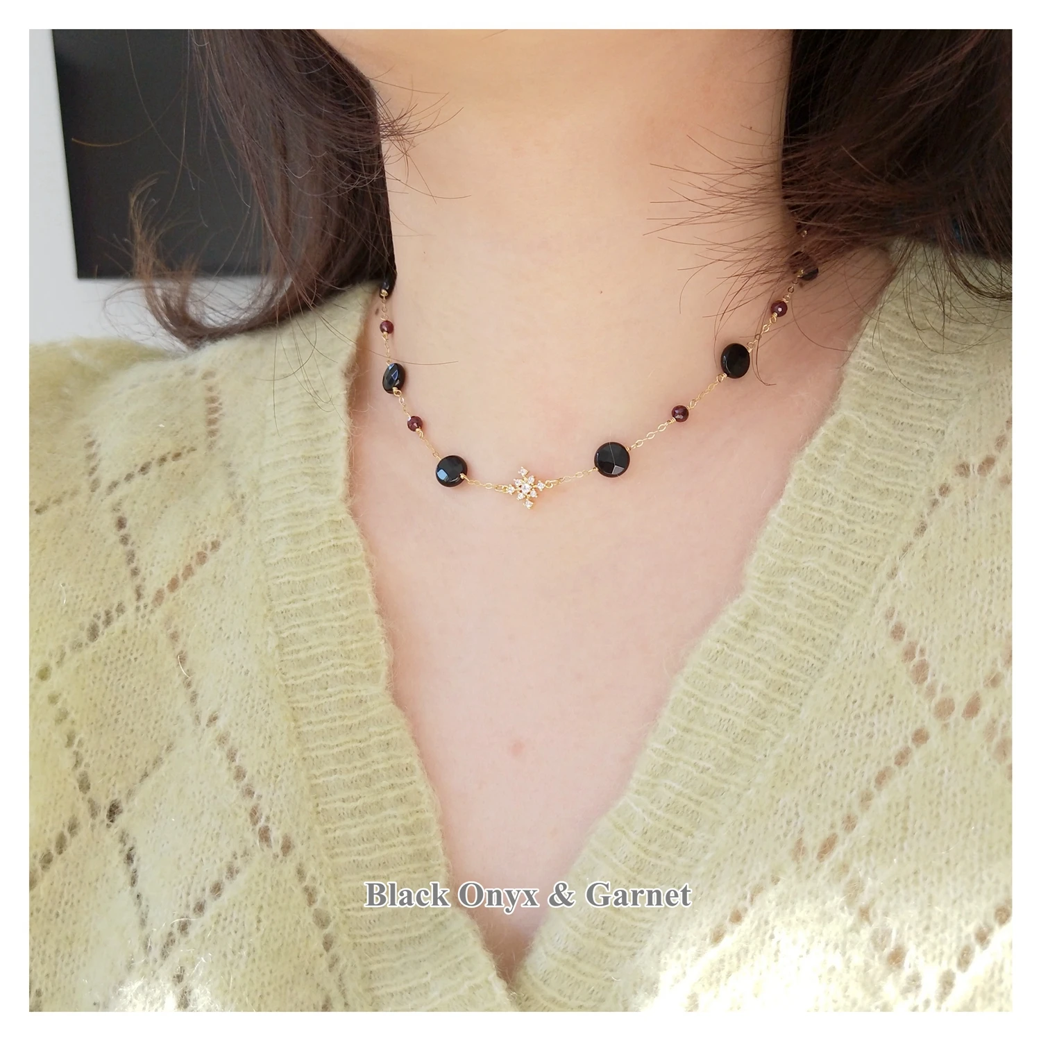 Lii Ji American 14K Gold Filled Choker Chain Black Agate/Onyx Red Garnet Zircon Snowflake Handmade Necklace 36cm+5cm