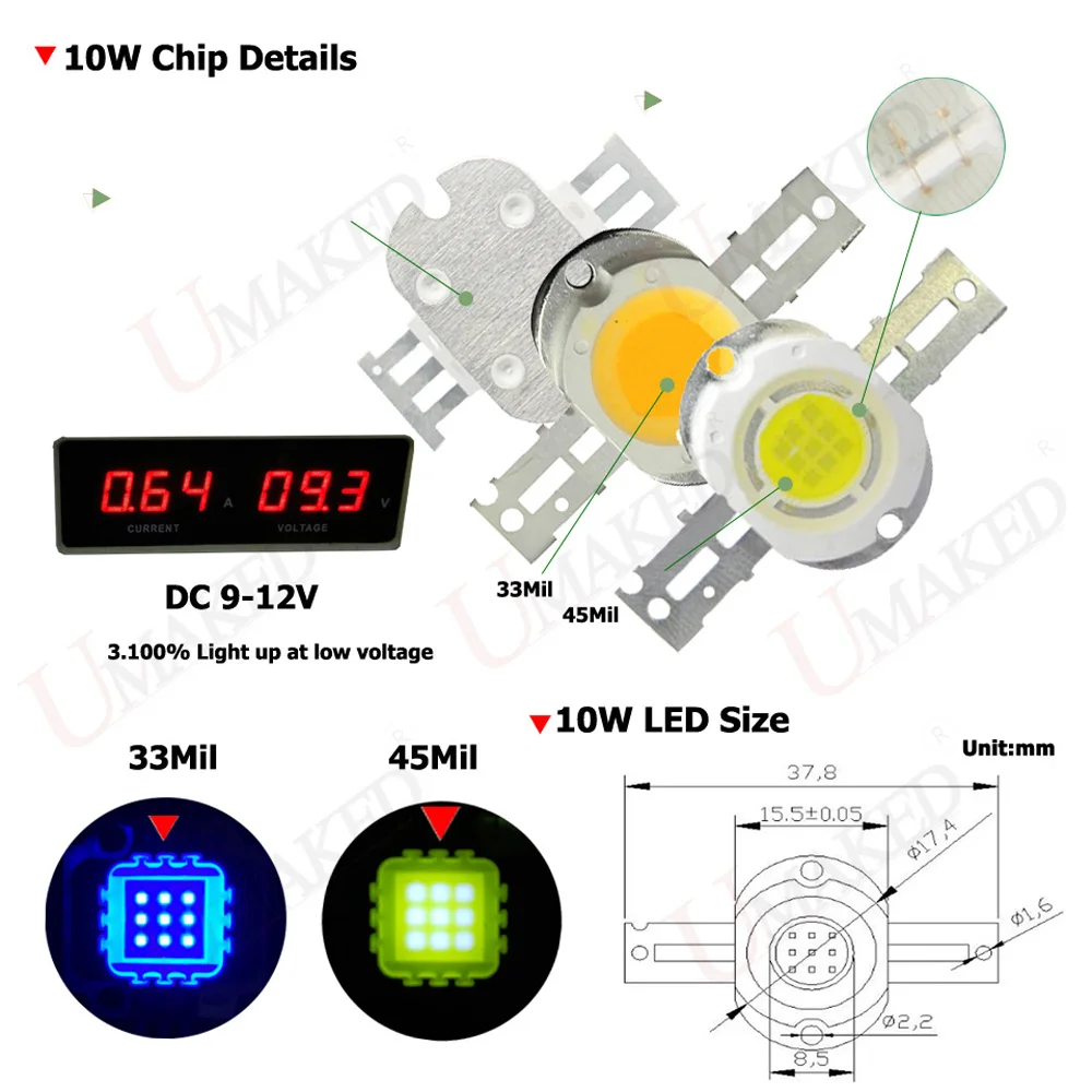 High Power LED Chip 10W Round Shape SMD COB Doide Warm Cool White Red Green Blue RGB Yellow 660 440 Growth LED Flood Light Beads