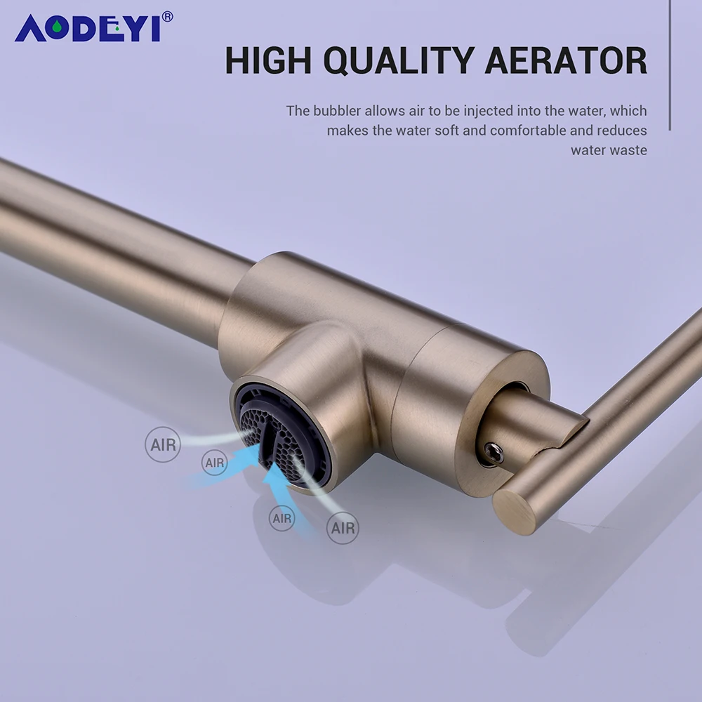 Torneira de cozinha dobrável montada na parede, torneira de enchimento, torneiras de pia único furo, girar o bico dobrável, ouro escovado, único