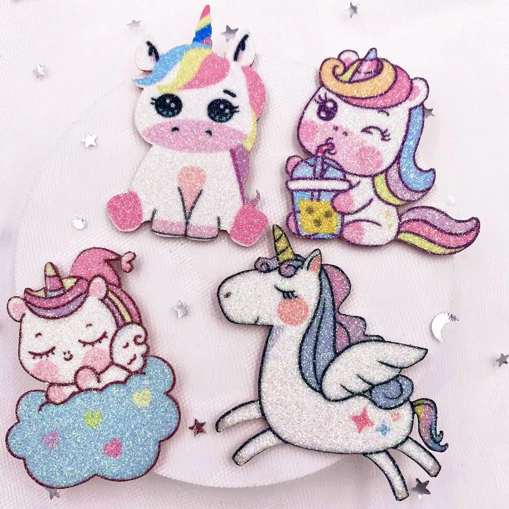 4PCS Felt Fabric Rainbow Glitter Cool  Unicorn Applique Wedding DIY Sewing Patch Hair Bow Accessories DIY Craft Supplies