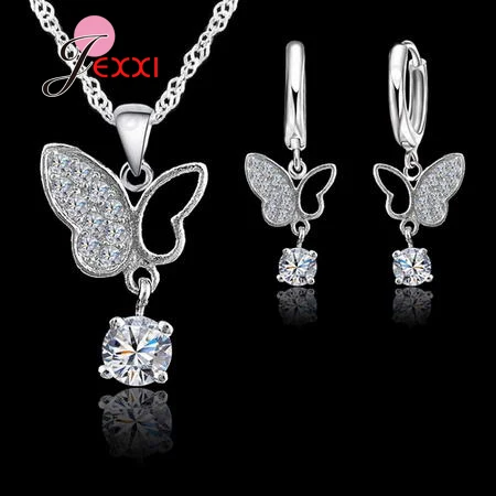 Hot New Fashion 925 Sterling Silver Needle Butterfly Jewelry Sets Necklace Earring Sets For Women Girls Fashion Jewelry