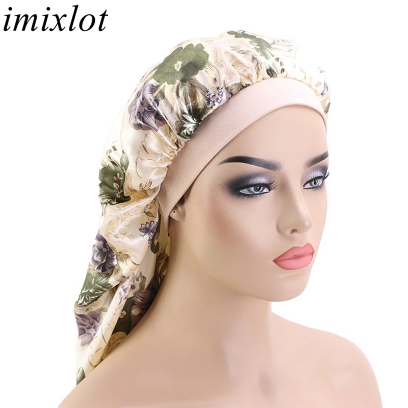 Imixlot Elegant Fashion Flower Printed Elastic Bonnet Sleep Hair Turban Cap Long Cylindrical Makeup Hat Women Girls Headwear