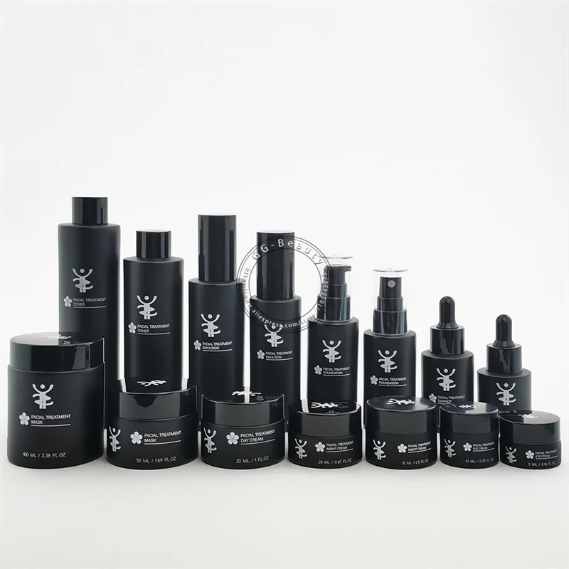 

Bulk 20ml-100ml Black Matte Glass Pump Bottles with Plastic Cap Spray Lotion Sample Refillable Vials Jars Empty Travel Container