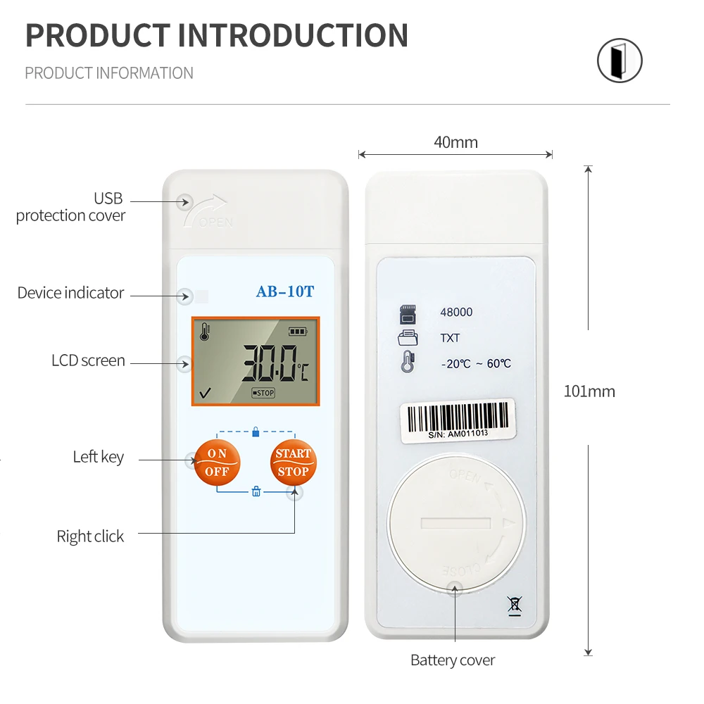 Enregistreur AB-10T de données de température d'USB d'enregistreur de température imperméable 20 ℃-/+ 40 ℃