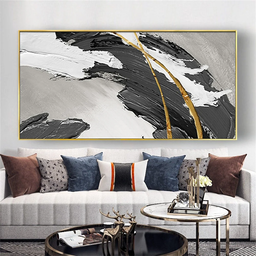 

100% Hand-Painted Abstract Oil Painting black and white Canvas Painting Golden lines Retro Decor Wall Art for home Room decor