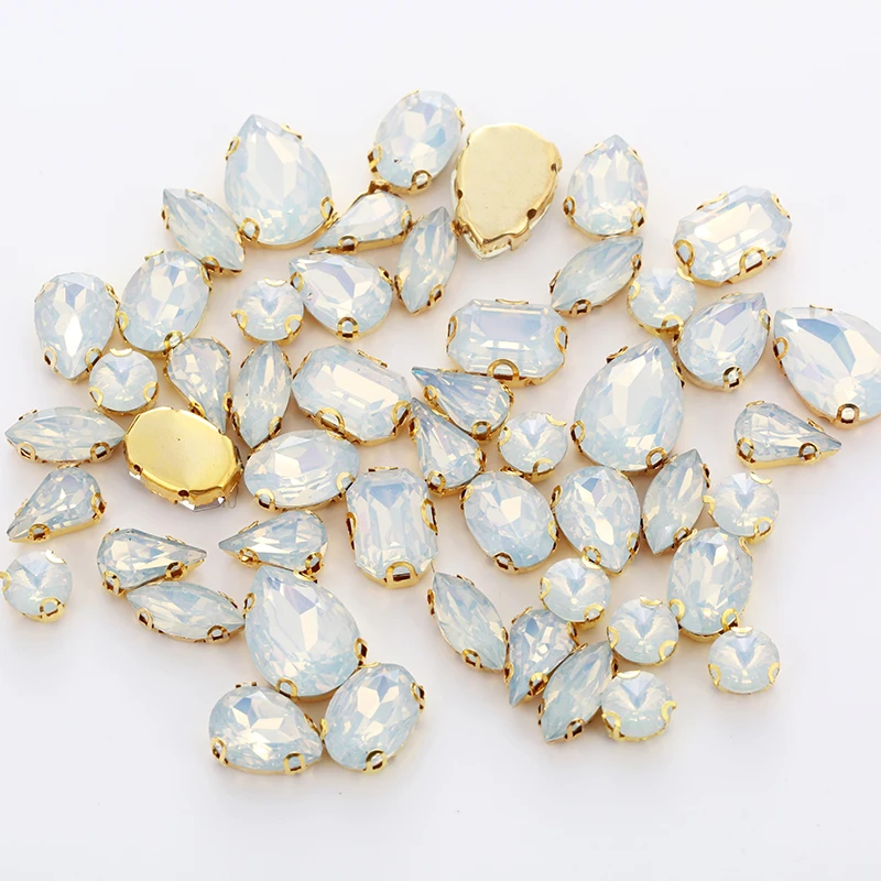 Mixed Shape 50pcs White Opal Rhinestones With Gold Claw Flatback Sewing Diy Craft Accessories Resin Rhinestones With Holes