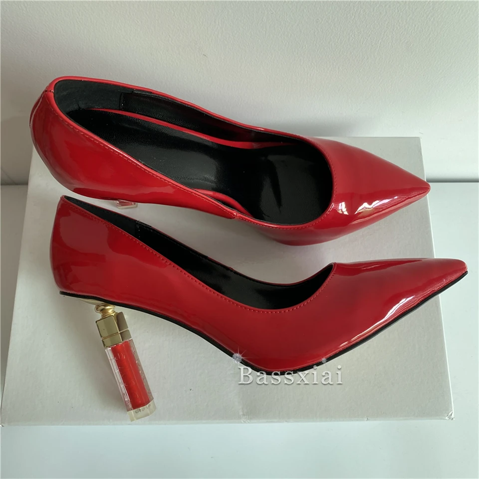 Carved Letter-Love Lipstick Heel Women Pumps Sexy Point Toe Slim High Heels Patent Leather Spring Dress Shoes Woman