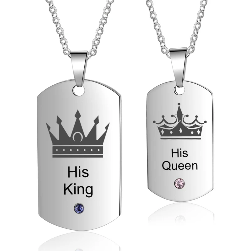 Personalized Necklaces Fashion Stainless Steel Jewelry DIY  King & Queen Birthstone Pendant Anniversary Promise Gift for Couples