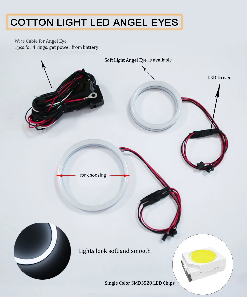 White Cotton LED Angel Eyes Headlight Kits for VW Volkswagen Golf 4 5 IV V 1998-2009 Auto Accessories Halo Ring Kits