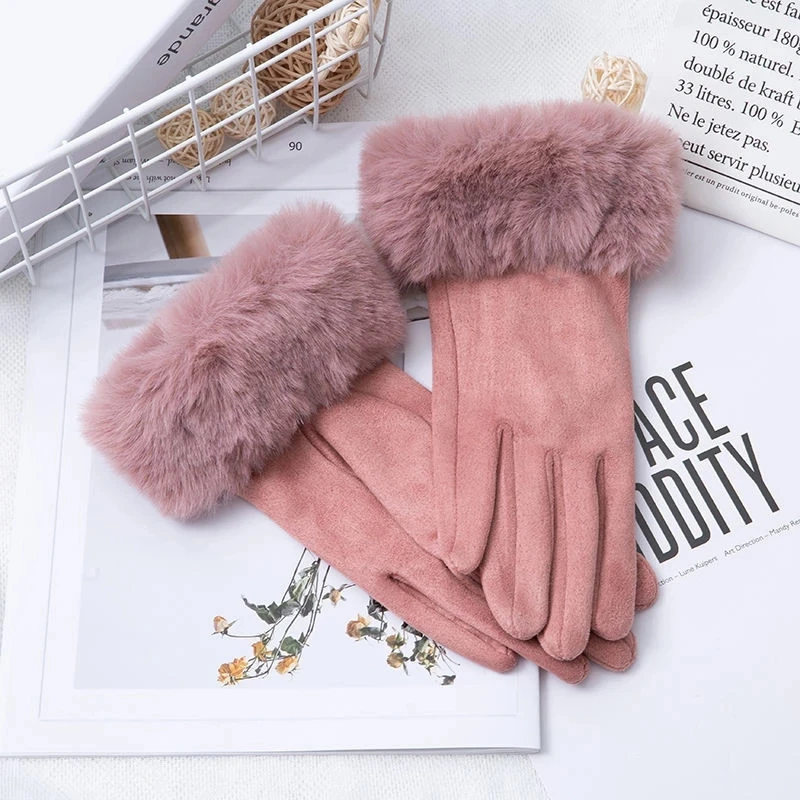 Korean Suede Leather Sports Cycling Warm Gloves Women\'s Winter Plus Velvet Thicken Full Finger Touch Screen Driving Mittens H92