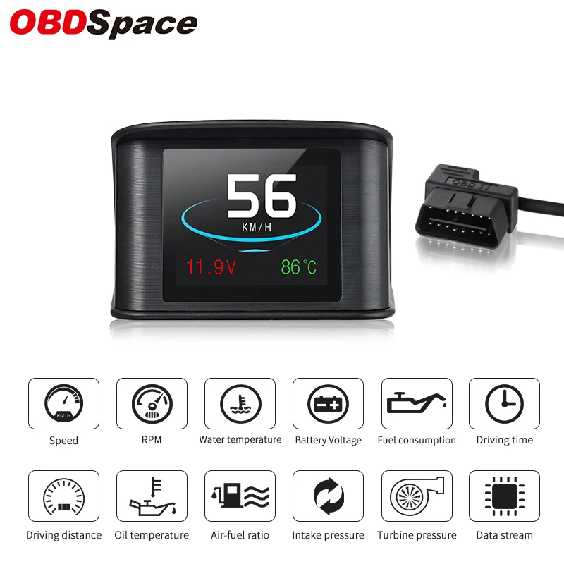 OBDSPACE P10 Obd2 스캐너 전문 자동차 온보드 컴퓨터 디지털 HUD 디스플레이, 온도 연료 소비 측정기 속도 게이지