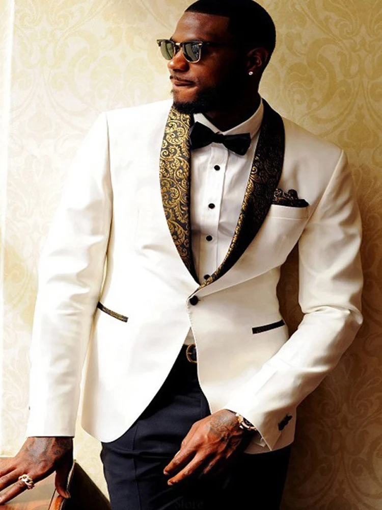 White Wedding Groom Tuxedos Slim Fit Men Suits Gold Floral Shawl Lapel 2 Piece African Fashion Prom Set Jacket with Black Pants