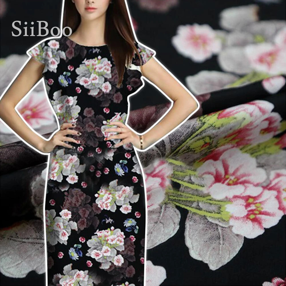 Luxury pastoral floral print black fake silk satin fabric for dress stretch faux silk tissue cloth tela tecido stoffen SP5408