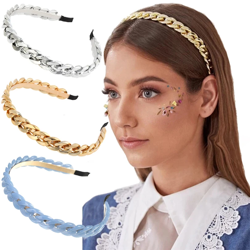 FORWOT Fashion łańcuchy pałąk dla kobiet elastyczne opaski do włosów obręcz do włosów nakrycia głowy dziewczyny akcesoria do włosów Metal Chic ozdoba do włosów