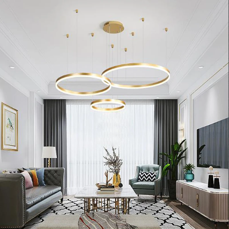 Modern Rond Ring Gold Pendant Lights For Living Room Dining Room Circle Rings Acrylic Aluminum Body LED Ceiling Lamp Fixtures