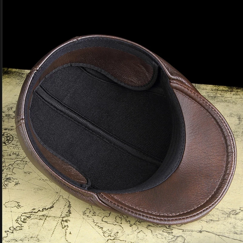 Men\'s First Layer Cowhide Leather Hat Winter Berets Male Warm Ear Protection Cap 100% Genuine Leather Dad Hat Wholesale Leisure