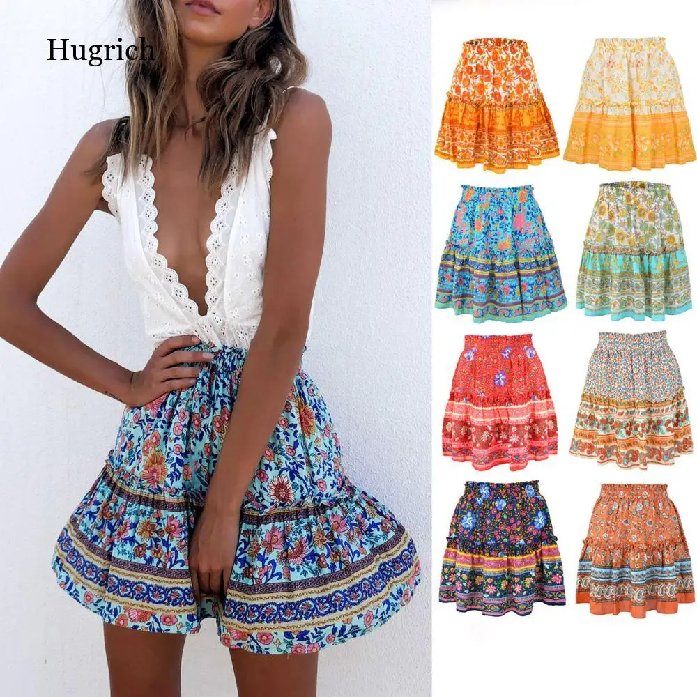 

Floral Print Skirt Women 2021 Summer Beach Ruffles Boho Casual High Waist Loose Mini Skirts Woman Jupe Short Ruffle Skirt