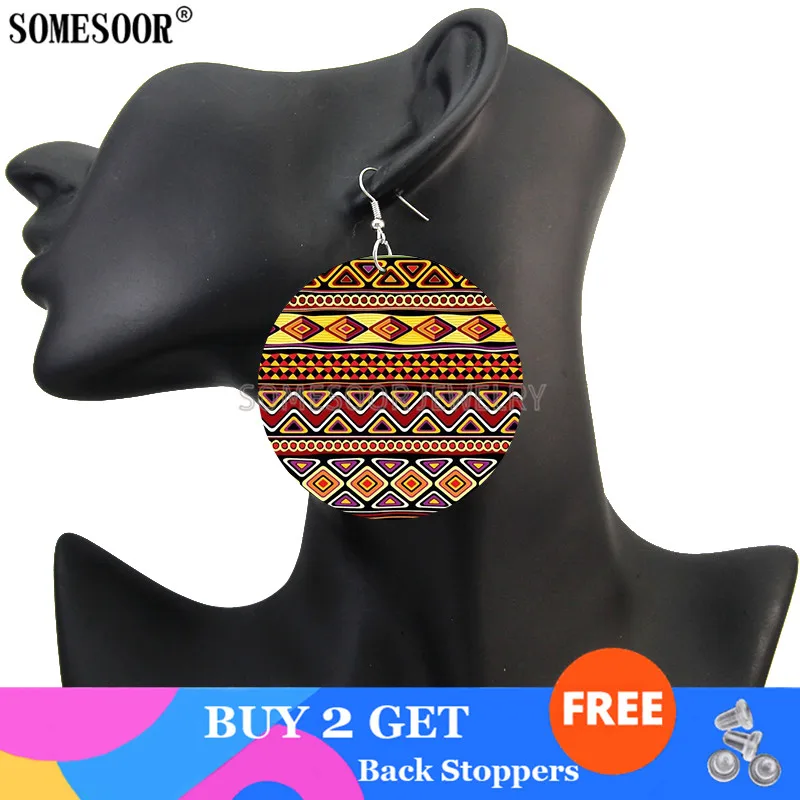 SOMESOOR African Wax Fabric Fleurs the Yards Ankara Pattern Both Sides Printing Wooden Drop Round Earrings For Women