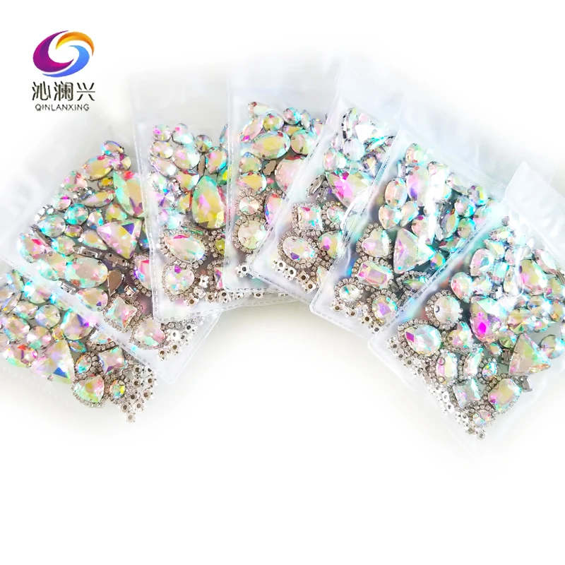 Mix Shape 50Pcs AB Color Crystal Buckle Glass Rhinestones, Silver Base, Sewing Accessories, Used for Needlework