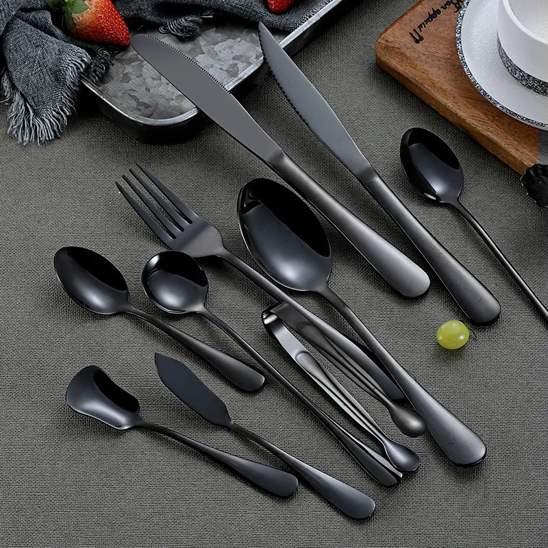 Black Stainless Steel Cutlery Set Black Kitchen Tableware Set Dinnerware Spoon Fork Dinner Set Tableware Home Flatware Mirror