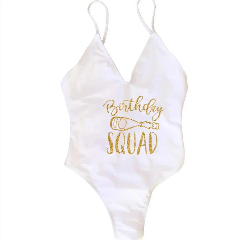 BIRTHDAY QUEEN &SQUAD  Glitter Gold Letter Print Sexy One Piece Swimsuit Swimwear Women Cross Bandages Beachwear image 6