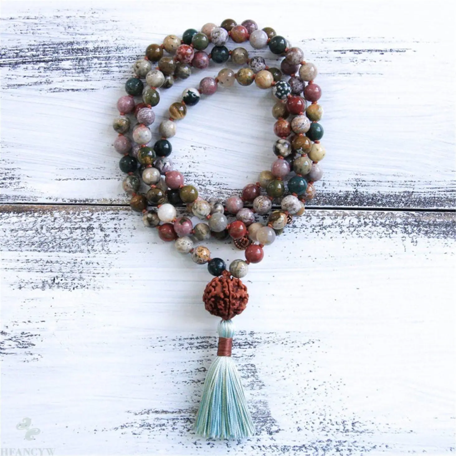 

6mm Ocean Jasper Vajra Bodhi Knotted Tassel 108 Bead Mala Necklace Yoga Mala Prayer Lucky