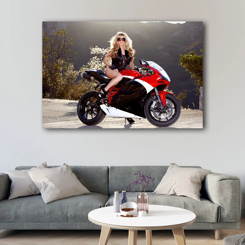 Blonde Women sexy Bodysuit with Superbike Wall Art Posters Canvas Printed Artwork Painting for Living Room Decor