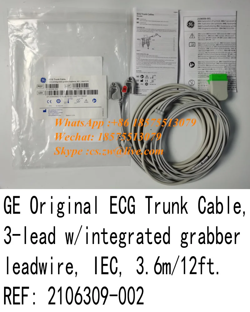 GE Original ECG Trunk Cable 3-lead w/integrated Grabber Leadwire IEC 3.6m/12ft REF: 2106309-002