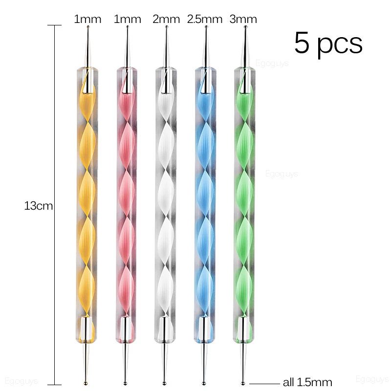 5PCS Colourful Double-end Acrylic Steel Dotting Pen Rhinestones Picker Picking Nail Art Brush Embossing Screw Swirl Studs Dotter