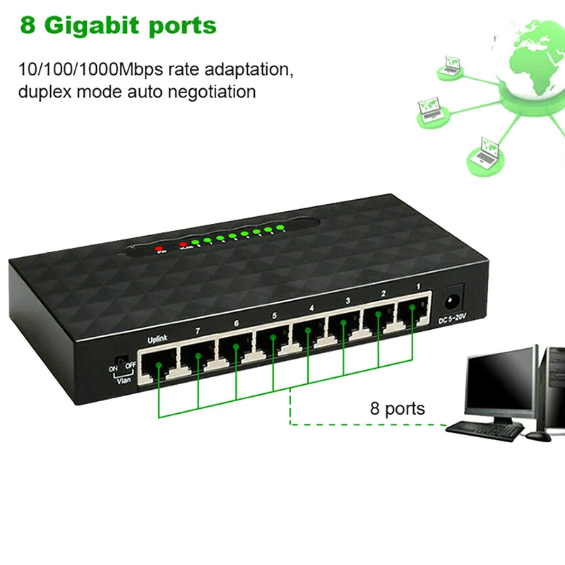 KuWFi 8 Port Gigabit Switch 10/100/1000 Mbps Network Switch High Performance Lan RJ45 Ethernet Switch Hub Internet Injector