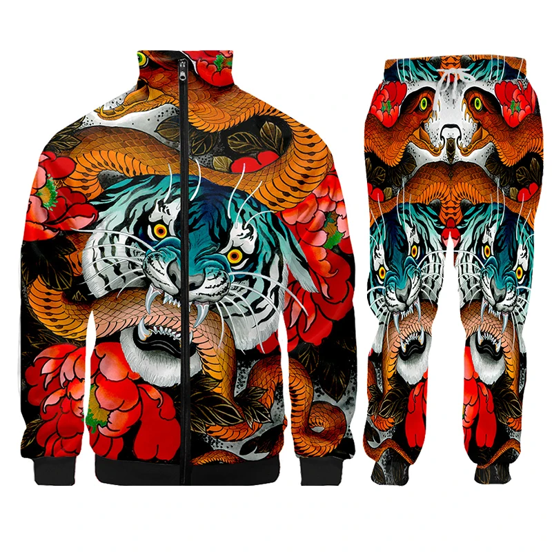 LCFA New 2021 Zip Hoodies Man Sweatsuit 3D Print Tiger Snake Casual Plus Size Costume Male Zipper Coat Autumn Fashion Hoody 4XL