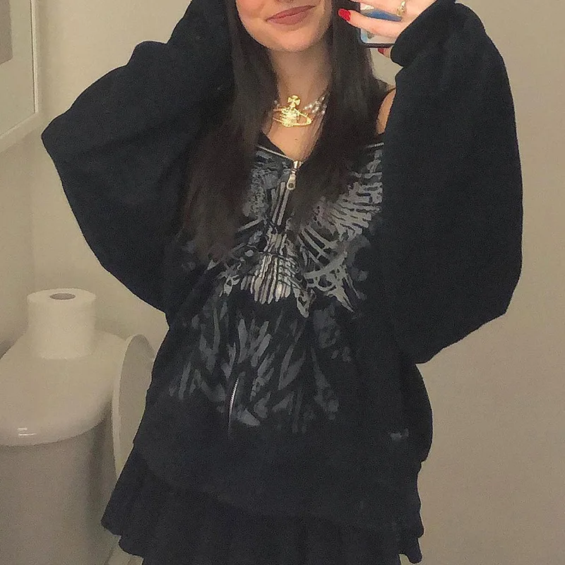 

Harajuku Dark Academia Graphics Print Hoodies E Girl Gothic Grunge Zip Up Sweatshirt Autumn Full Sleeve Loose Coats Outwear