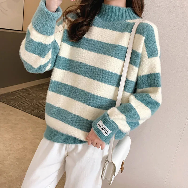 Korean Stripe Half High Collar Knit Sweater Women Student Pullover Jumpers Ladies Half Turtleneck Long Sleeve Knitted Top Female