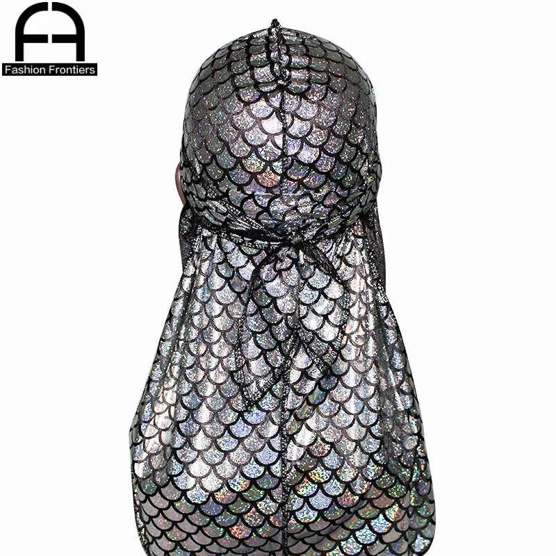 Unisex Men Reflective Fish Scale Silk Durag Long Tail Straps Waves Bandana Hat Turban Do Du Rags Shiny Silky Durags