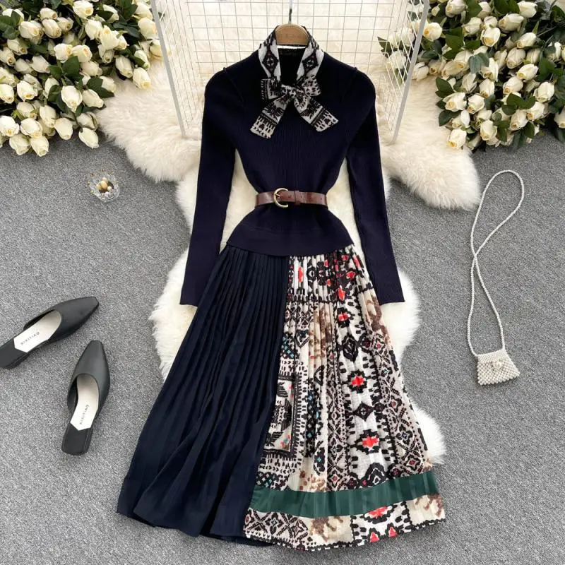 Banulin 2024 autunno inverno moda pista Vintage elastico vestito lavorato a maglia donna manica lunga Patchwork pieghettato abito longuette con
